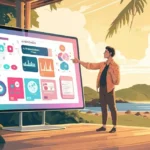 20. Descubre cómo la Inteligencia Artificial está revolucionando la creatividad en música y arte Concepto: Un diseñador mostrando aplicaciones de IA en música y arte en una pantalla, con ejemplos visuales. Texto: "La IA está transformando la creatividad en música y arte. Descubre cómo." Elementos visuales: Aplicaciones de IA en música y arte, gráficos de impacto, y el nombre "Avendaño Design" en un fondo verde con vista a la playa.